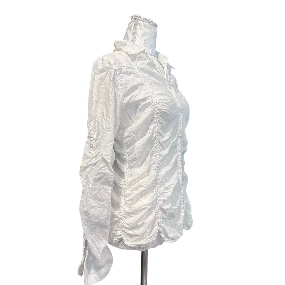 Y2K White Ruched Cotton Button Down Shirt Long Sleeve Fitted Coquette Sz M - Picture 9 of 16